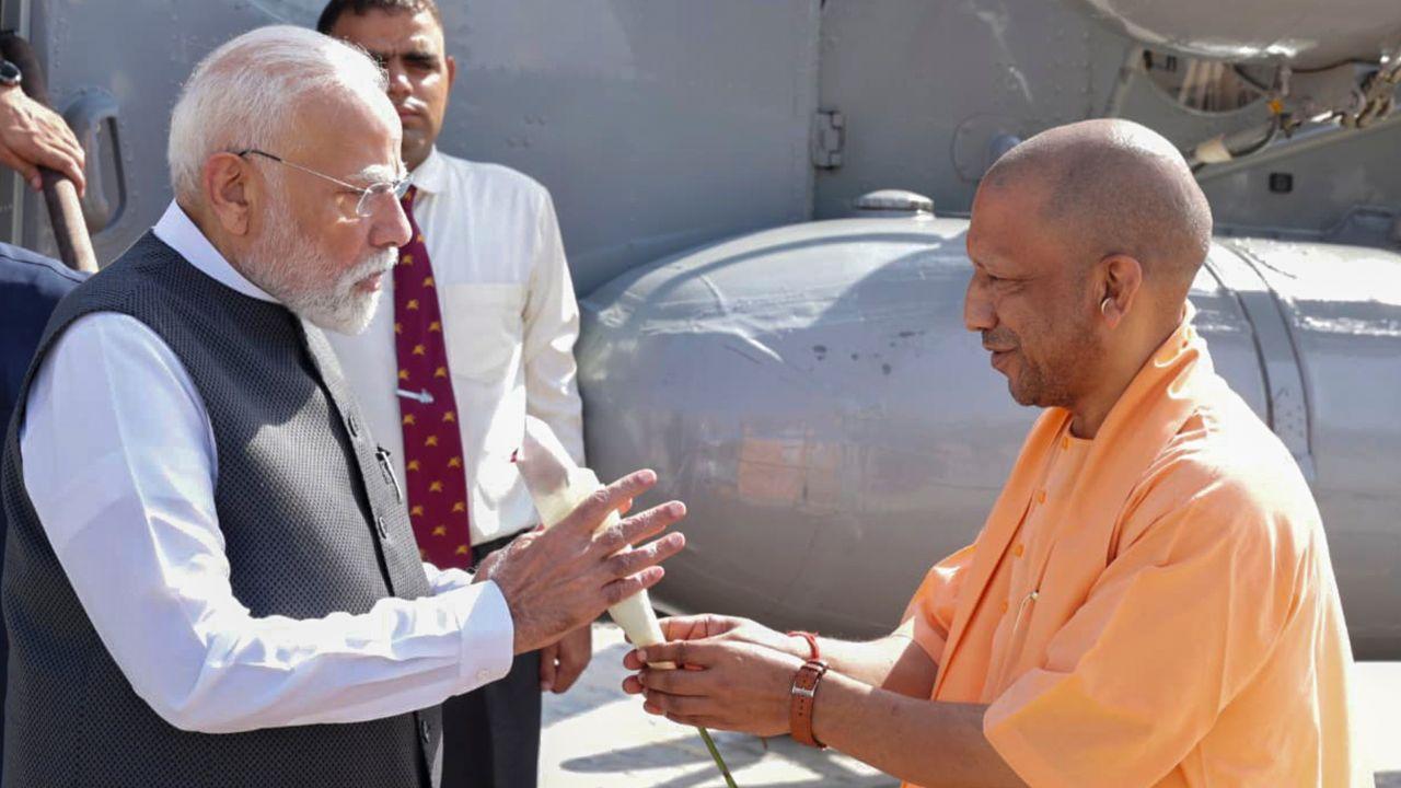 Prime Minister Narendra Modi was received by Uttar Pradesh Chief Minister Yogi Adityanath upon his arrival at Greater Noida, in Gautam Buddha Nagar district